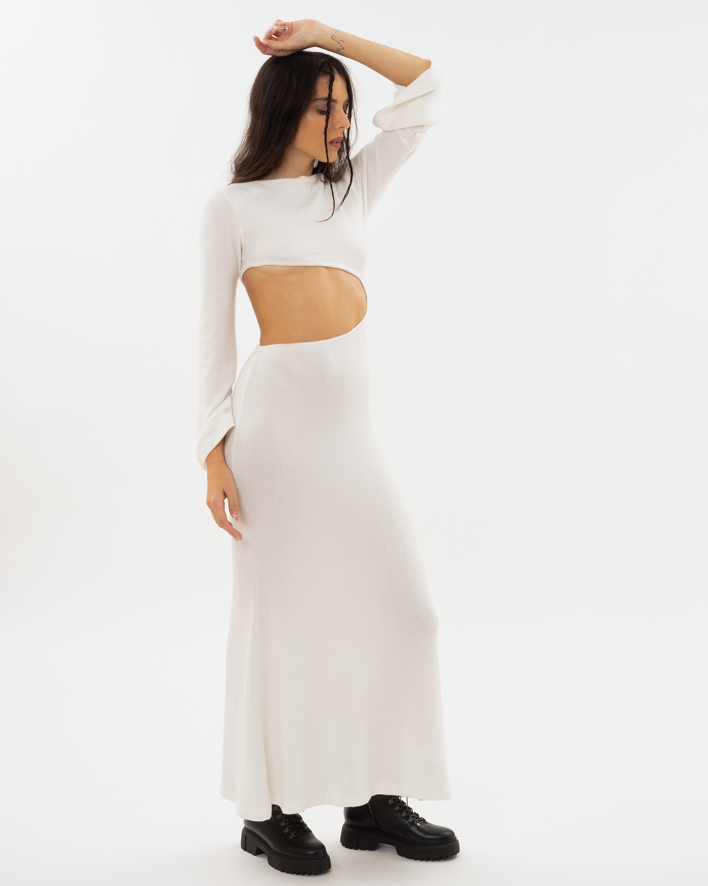 JARDIN DE VANITE λευκό μάξι φόρεμα 'Knitted Dress' με cut out