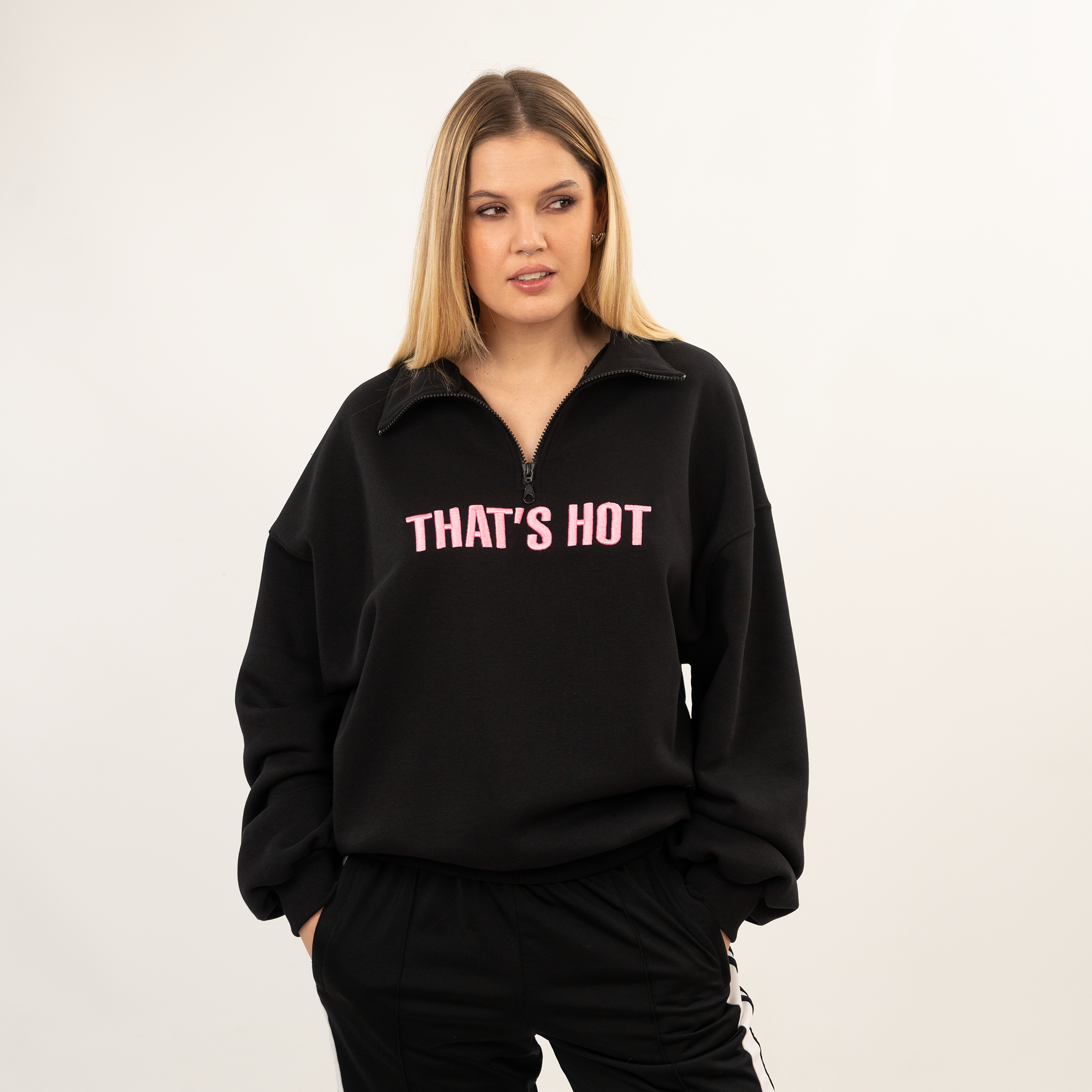 That's Hot black, half-zip sweatshirt