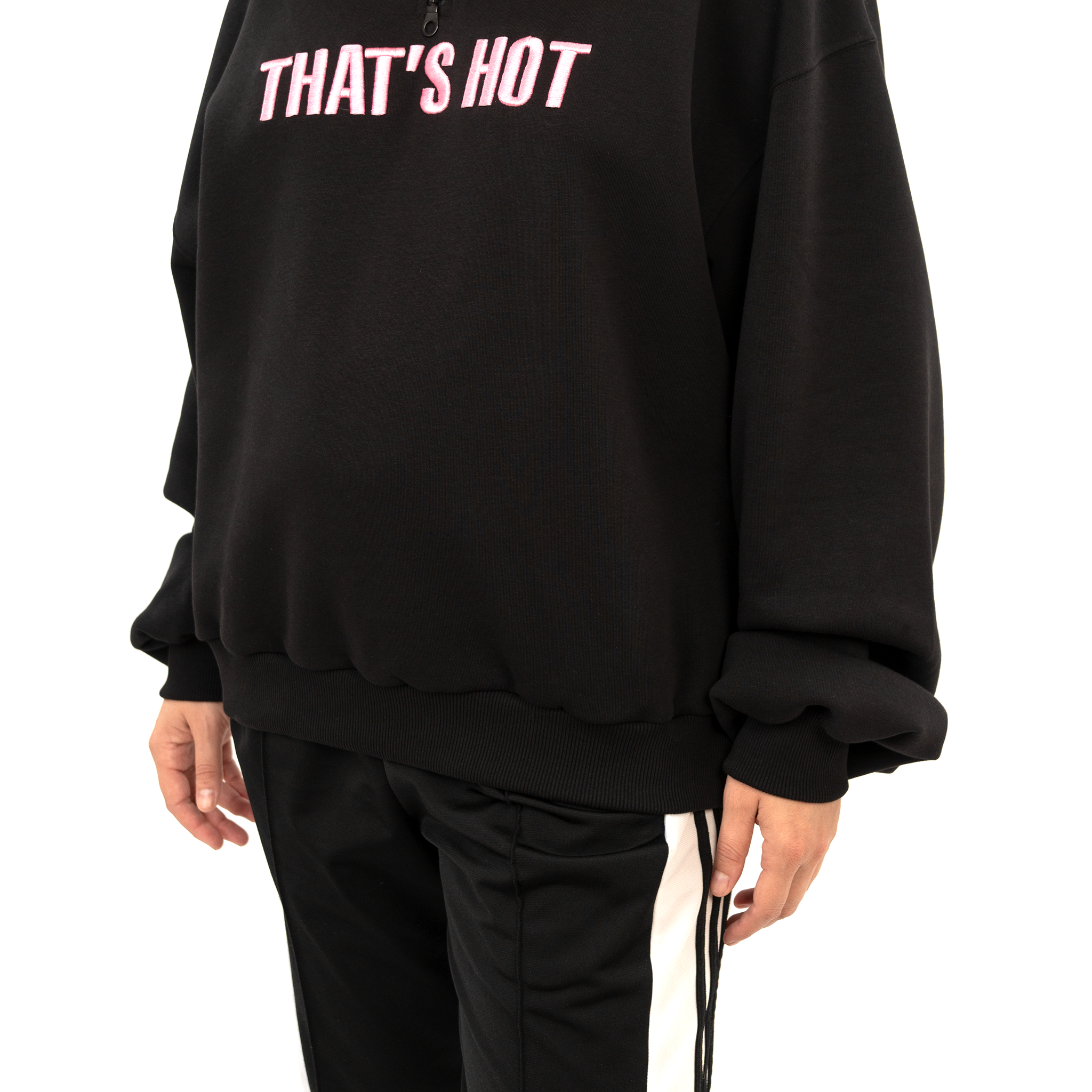 That's Hot black, half-zip sweatshirt
