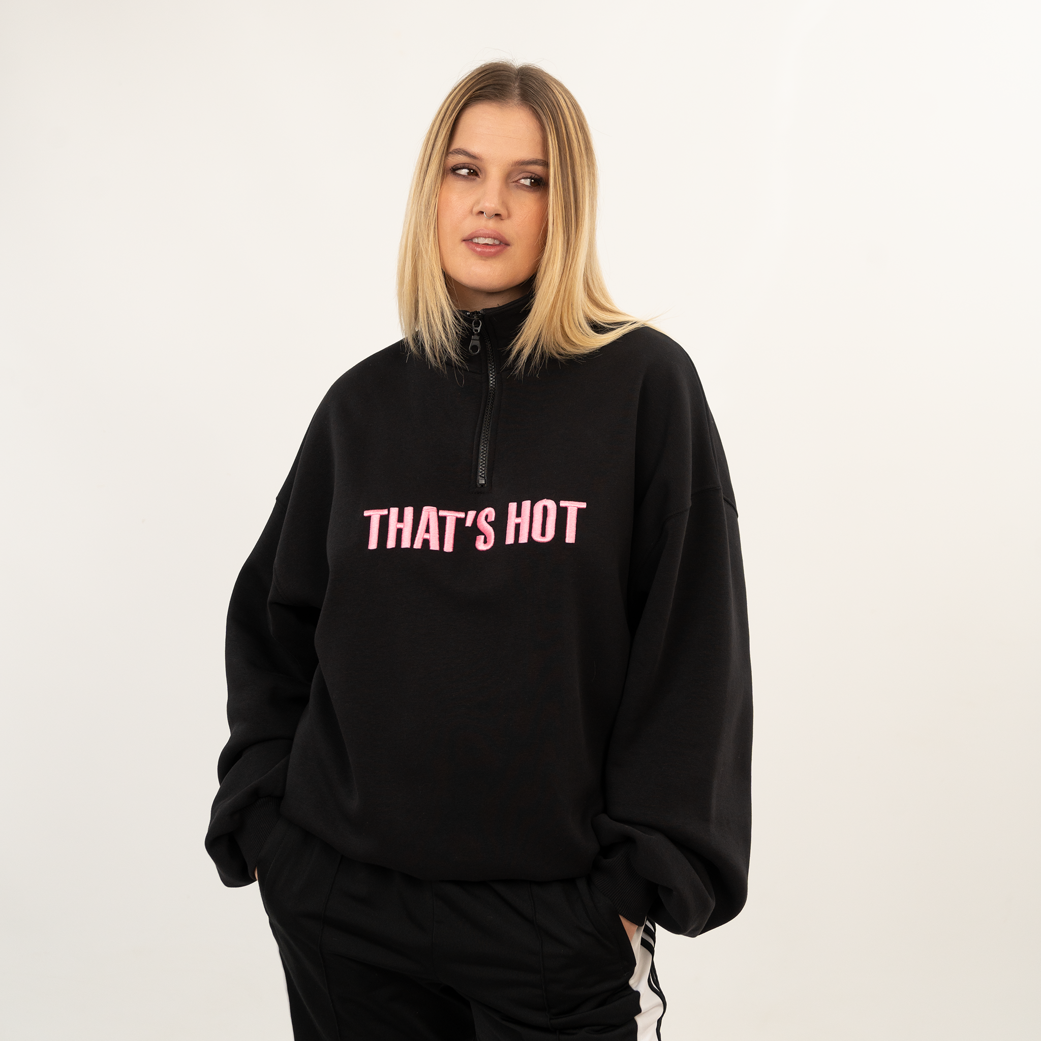 That's Hot black, half-zip sweatshirt
