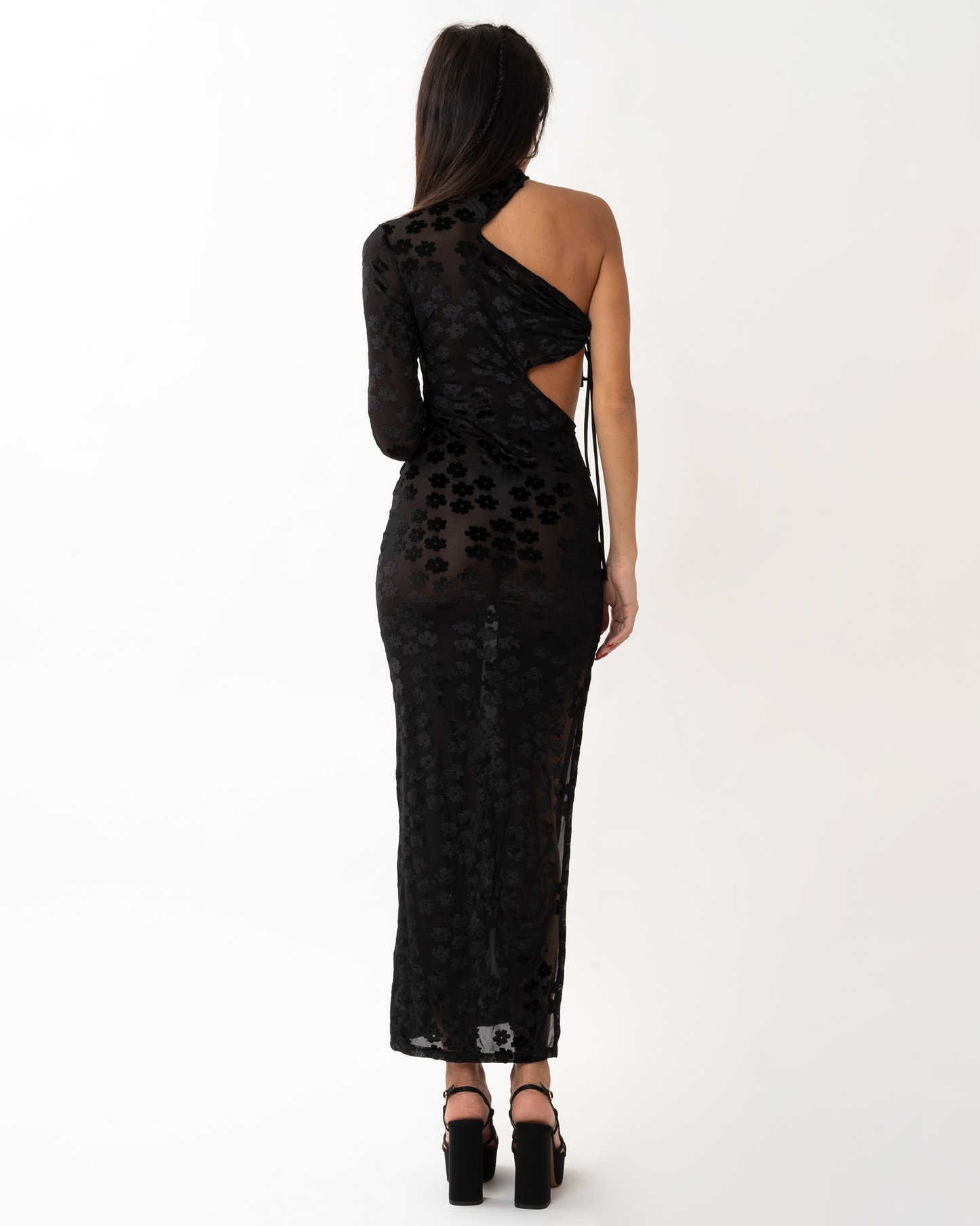 JARDIN DE VANITE maxi φόρεμα ημιδιάφανο φλοράλ σε μαύρο