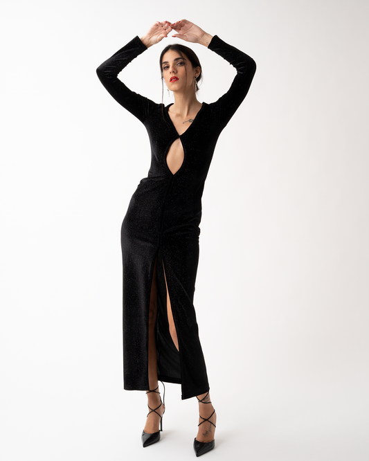 JARDIN DE VANITE μαύρο μάξι φόρεμα velvet 'Teardrop'