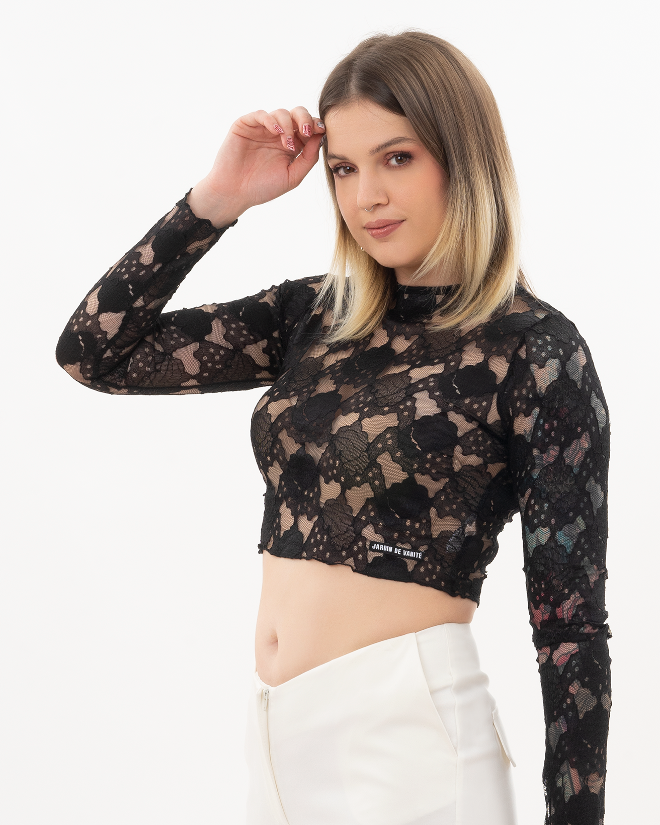 JARDIN DE VANITE crop top με μαύρη δαντέλα